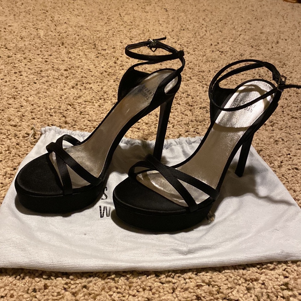 Stuart Weitzman Satin Black 5” Heels Size 8 Wide - image 1